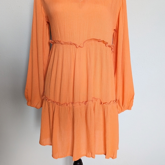Orange long lantern sleeve ruffle hem frilled dress size S - Picture 3 of 8